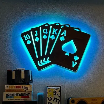 Креативный дизайн покерных карт, настенный ночник, деревянный 3D светодиодный настенный светильник, киберспортивный зал, бар, спальня, Домашний настенный декоративный светильник