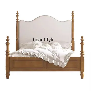 Кровать из массива дерева во французском стиле в стиле ретро, тканевая кровать в главной спальне, вилла с двуспальной кроватью в скандинавском стиле современной каркасной конструкции