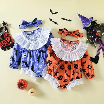 Кружевные ползунки с длинными рукавами и мультяшными принтами на Хэллоуин для маленьких девочек, боди для новорожденных с повязками на голову, наряды для ребенка 3, 6, 12, 24 месяцев