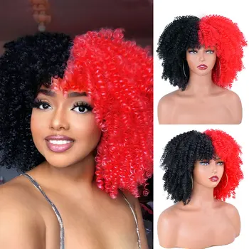 Кудрявые афро-парики для чернокожих женщин, короткие кудрявые парики с челкой, 12-дюймовые каштановые волосы в стиле афро, волосы для косплея из синтетического волокна без клея