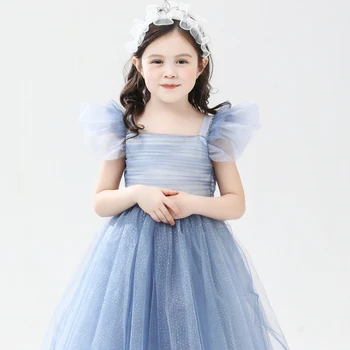 Летнее платье для девочек, новое платье принцессы со звездно-голубыми рукавами-бабочками для девочек, сверкающее платье, сетчатое элегантное пышное платье для девочек