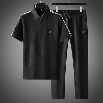 Летние мужские рубашки поло Minglu, комплекты, высококачественная вышивка, Короткий рукав, Однотонные брюки с эластичным поясом, мужские костюмы