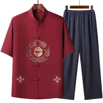 Летний костюм Youqipao Tang, традиционная китайская одежда с короткими рукавами и вышивкой, Повседневные топы, Рубашка, Брюки, комплекты для папы, дедушки, мужчин
