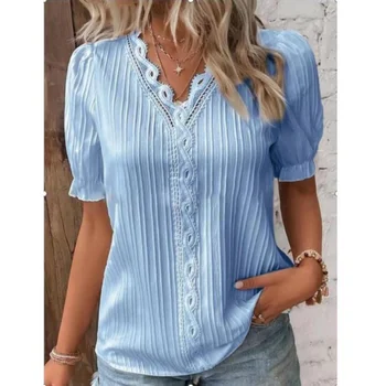 Летняя женская модная футболка, элегантная темпераментная пригородная однотонная кружевная блузка с V-образным вырезом и короткими рукавами