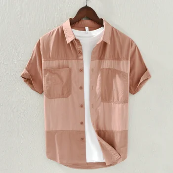 Летняя модная рубашка с коротким рукавом в стиле пэчворк, подходящая по цвету, мужская повседневная универсальная рубашка с вышивкой буквами на груди из чистого хлопка