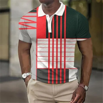 Летняя мужская рубашка поло на пуговицах с 3D принтом в вертикальную полоску Модная мужская одежда Повседневные уличные футболки Поло Оверсайз с короткими рукавами