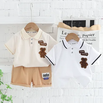 Летняя футболка и шорты для маленьких мальчиков и девочек, повседневный хлопковый костюм из 2 предметов, модная детская одежда, топы с воротником-лацканами в виде милого медведя