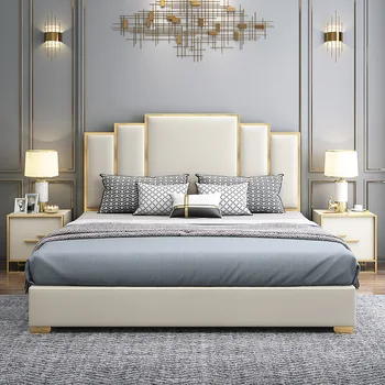 Мебель для спальни, легкая роскошная кожаная кровать в гонконгском стиле, простой американский матрас для хранения с высокой спинкой, свадебная кровать