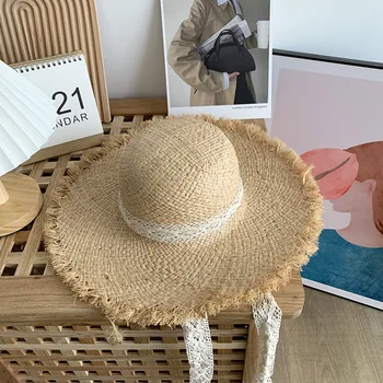 Милая летняя соломенная шляпа с кружевными бретельками, солнцезащитная шляпа ручной работы из лафита, ретро-шляпа для путешествий, солнцезащитный крем для пляжного отдыха, шляпа для взрослых