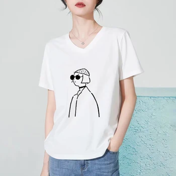 Модная Женская футболка в Корейском стиле с короткими рукавами, футболка с принтом, Высококачественная Женская футболка с V-образным вырезом и короткими рукавами