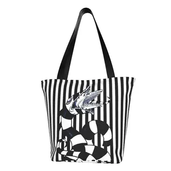 Модные сумки-тоут для покупок с песчаным червем Beetlejuice, многоразовая сумка для покупок из бакалеи Тима Бертона из фильма ужасов, холщовая сумка для покупок через плечо