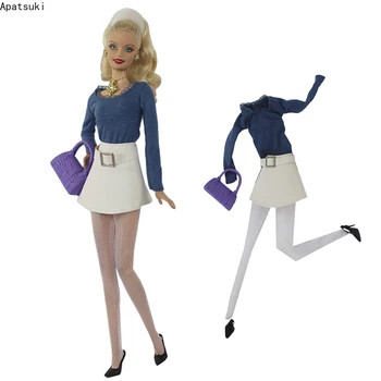 Модный комплект одежды для куклы Барби Темно-синий топ, белая кожаная юбка, колготки, обувь, сумка для аксессуаров куклы Барби 1/6.