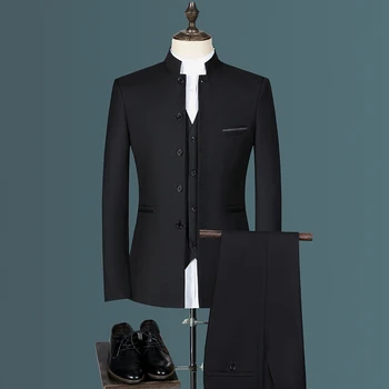 Модный мужской повседневный бутик 2023 года с белым воротником-стойкой в китайском стиле, комплект из 3 предметов, приталенные блейзеры, куртка, пальто, Брюки, жилет
