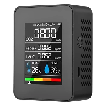 Монитор качества воздуха 5 в 1, измеритель температуры влажности CO2 TVOC HCHO, USB-перезаряжаемый детектор CO2, Черный