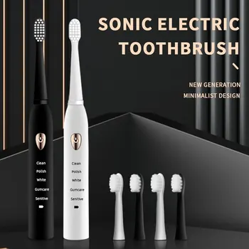 Мощная ультразвуковая электрическая зубная щетка Sonic Black White, перезаряжаемая через USB, электронная отбеливающая зубная щетка, которую можно стирать