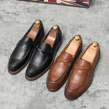 Мужская деловая обувь Оксфорды из натуральной кожи, светская обувь для мальчиков, обувь для выпускного вечера 2023, Деловая мода, Коричневые/коричнево-коричневые модельные туфли