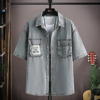 Мужская джинсовая рубашка с короткими рукавами, летняя высококачественная хлопчатобумажная модная одежда для улицы, прямая поставка