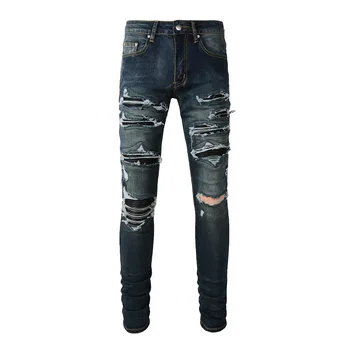 Мужская уличная одежда, потертые рваные джинсы, Обтягивающие джинсовые брюки с потертыми заплатками, темные выстиранные джинсовые брюки