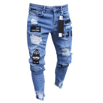 Мужские брюки Джинсы Мужские Эластичные Рваные Обтягивающие байкерские джинсы с вышивкой и принтом, проклеенные дырками, Облегающий деним, высококачественная джинсовая ткань