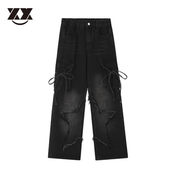 Мужские женские брюки Harajuku с вышивкой в виде звезд, прямые повседневные брюки, уличная одежда для хай-стрит, модные свободные повседневные брюки