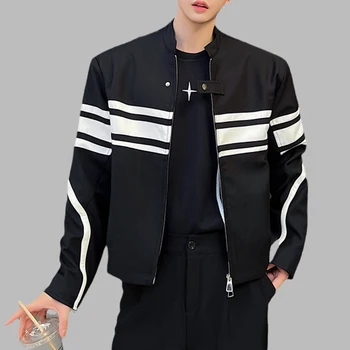 Мужские куртки с контрастным воротником-стойкой в стиле пэчворк, уличная одежда, пальто на молнии с длинным рукавом, осенняя мода 2023, индивидуальность, верхняя одежда