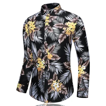 Мужские повседневные гавайские рубашки с длинным рукавом на пуговицах, пляжная рубашка с тропическим цветочным рисунком 5XL 6XL 7XL