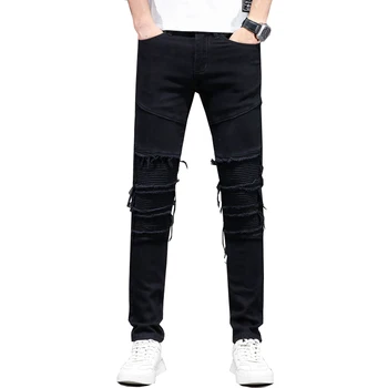 Мужские рваные джинсы, черные, стрейчевые, облегающие, плиссированные, дизайнерские, потертые, в стиле хип-хоп, джинсы для мото и байкеров, джинсовые брюки для мальчиков