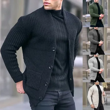 Мужской повседневный вязаный кардиган, осенне-зимний свитер, пальто, однотонная мужская куртка с длинным рукавом, уличная одежда с карманами, спортивные костюмы