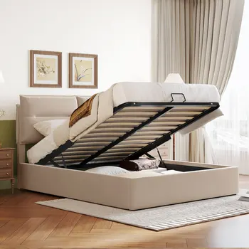 Мягкая кровать-платформа с гидравлической системой хранения, Queen size, бежевый