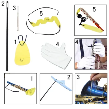 Набор для чистки флейты и саксофона из 5 предметов (салфетка для чистки + длинная салфетка для чистки + палочка для чистки + отвертка + перчатки)