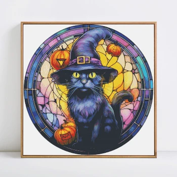 Наборы для вышивания на Хэллоуин HUACAN Холст с рисунком кошки и животных, Вышивка крестом, тыква, Поделки, Рукоделие, Украшение дома