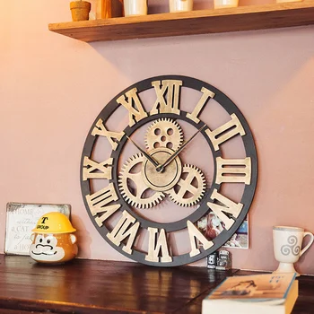 Настенные часы в стиле ретро большого размера, настенные часы в Европейском индустриальном стиле, деревянные Круглые часы с Римской цифрой, 3D Украшение для дома
