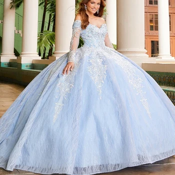 Небесно-Голубое платье Sweet 16 Quinceanera С открытыми плечами и длинными рукавами, аппликации, Кружевное вечернее платье Принцессы с кристаллами, Vestidos De 15 Años