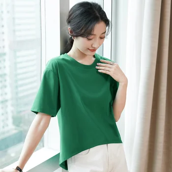 Новая женская свободная короткая футболка, летняя мода, футболки с круглым вырезом и рукавами с неровным подолом, топы, повседневная простота, Базовый Зеленый Цвет