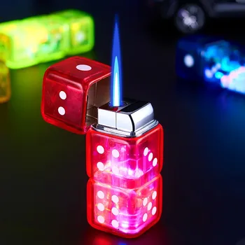 Новая светодиодная Красочная Прозрачная зажигалка для игры в кости Креативная Ветрозащитная Бутановая Надувная зажигалка с синим струйным пламенем Персонализированный подарок