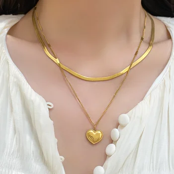 Новое ожерелье Love Letter Love из титановой стали с двойным стеком, легкая роскошная универсальная цепочка из змеиной кости, индивидуальное Персиковое сердце