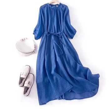 Новое синее повседневное платье, женское Новое летнее Винтажное искусство, Свободные Длинные платья для отдыха, Модная элегантная Простая женская одежда