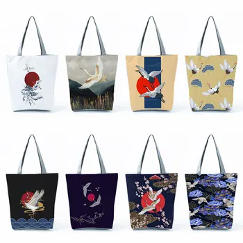 Новые женские сумки-тоут Red Crowned Crane в японском стиле, сумки с принтом Ukiyoe, портативная хозяйственная сумка, сумки через плечо большой емкости