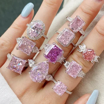 Новые сверкающие женские кольца из серебра S925 пробы, романтические аксессуары для пальцев с розовым кристаллом и цирконием, высококачественные украшения для коктейлей и выпускного вечера.