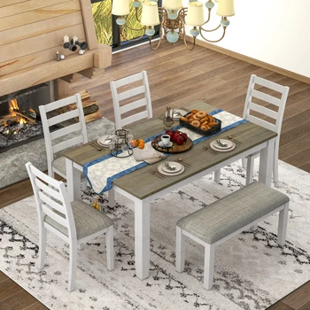 Обеденный стол в деревенском стиле из 6 предметов с 4 Мягкими Стульями и Скамейкой Для внутренней ресторанной мебели, коричневый + Побелка