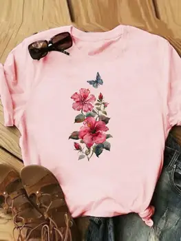 Одежда с принтом в виде цветов и бабочек, Трендовая одежда с коротким рукавом, повседневная женская футболка, Женская летняя футболка, Модные графические футболки