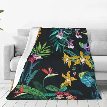 Одеяло из пальмовых листьев С темными тропическими цветами, Фланелевое одеяло для пикника, Теплое Мягкое покрывало для гостиной в подарок