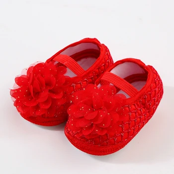 Однотонная обувь на плоской подошве для маленьких девочек, мягкая подошва, эластичная лента в цветочек, нескользящая обувь для малышей в помещении и на улице