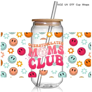 Оптовая продажа Дизайн Mom Club 3D УФ-обертывания для чашек Dtf, переводные наклейки, наклейки Diy, водонепроницаемые для использования в стеклянных чашках весом 16 унций