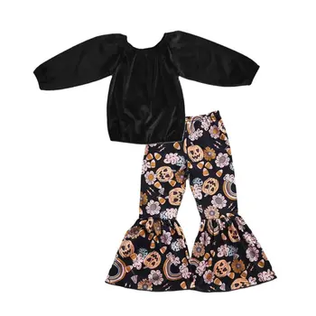 Оптовая продажа, комплект на Хэллоуин для маленьких девочек, черные бархатные топы с длинными рукавами и расклешенными штанами в виде тыквы с цветочным рисунком, детская одежда для малышей