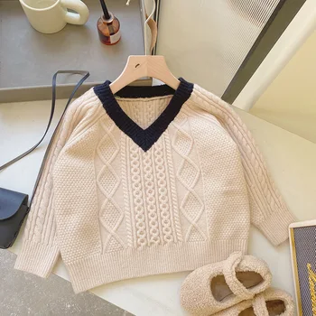 Осенне-зимний свитер для маленьких девочек 2023 года, вязаный пуловер с V-образным вырезом из Аргайла, Топы, полосатый хлопковый толстый теплый свитер для девочек