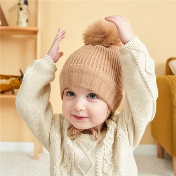Осенне-зимняя однотонная вязаная детская шапка с защитой ушей, плюс бархатная теплая детская шапочка для мальчиков и девочек