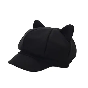 Осенние акриловые теплые восьмиугольные шляпы с мультяшным котом для женщин и девочек, береты, шляпа художника, шапочка-бини 02