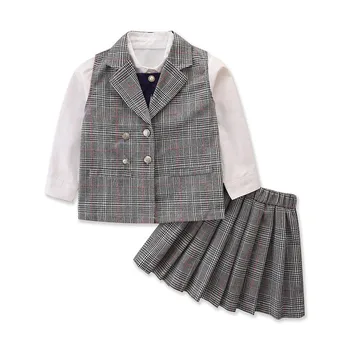 Осенний комплект для девочек, 3 шт., белая рубашка с длинными рукавами + жилет + юбка, модная детская одежда