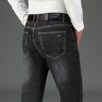 Осень-зима, мужские свободные прямые джинсы из хлопка дымчато-серого цвета, деловые повседневные эластичные универсальные брюки, джинсовые брюки мужского бренда